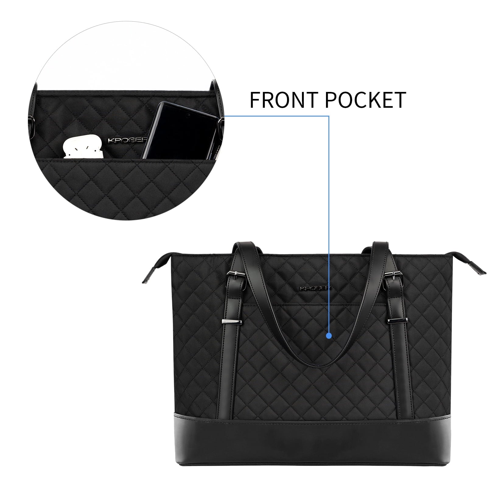 KROSER 15.6" Quilt Laptop Tote Bag, Computer Shoulder Bag, Black