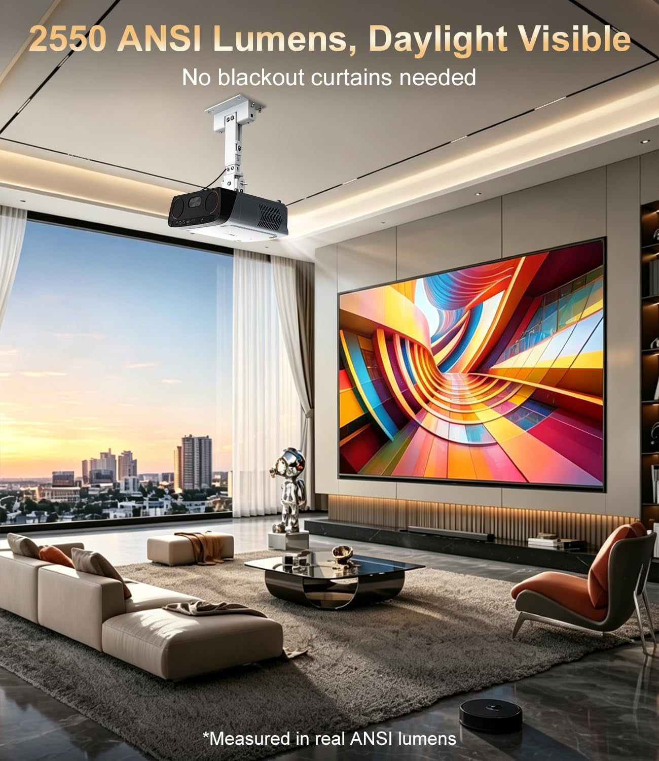 2550 ANSI Daytime Projector, 4K Smart Google TV Projector with Dual 35W Speakers Dolby Audio, Shorter Throw, Tof Autofocus, HDMI ARC, NFC Wifi 6 & Bluetooth 5.4 for Home/Outdoor Movie Nights, Gaming