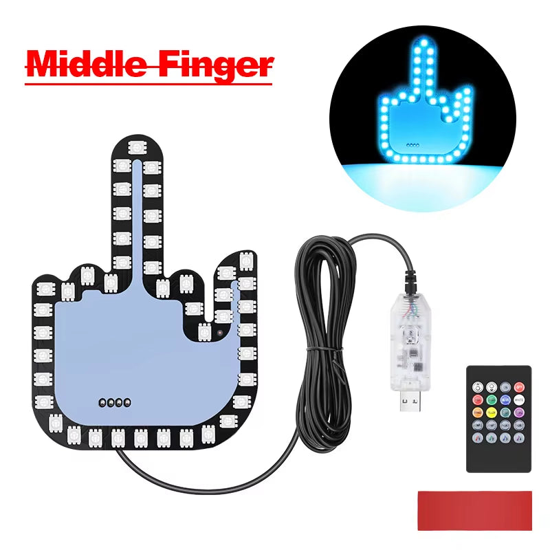 Colorful LED RGB USB Gesture-Controlled Car Light - Middle Finger Hand Lamp for Trucks and Vehicles