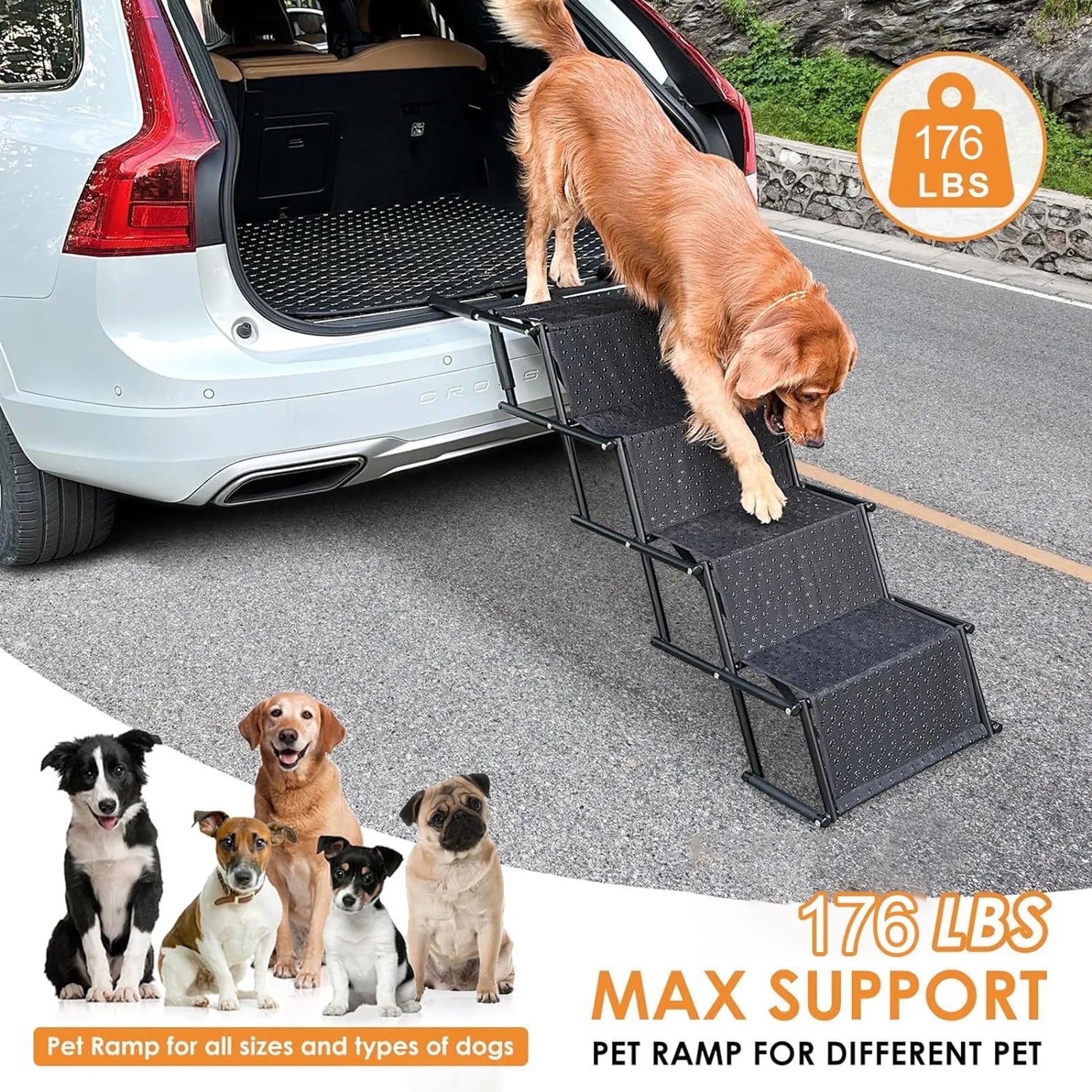 Dog Stairs for Car, Foldable Dog Ramps for Large Dogs with Non Slip Surface, Portable Dog Steps for Cars and SUV, Truck, Support up to 150 Lbs (4 Steps)