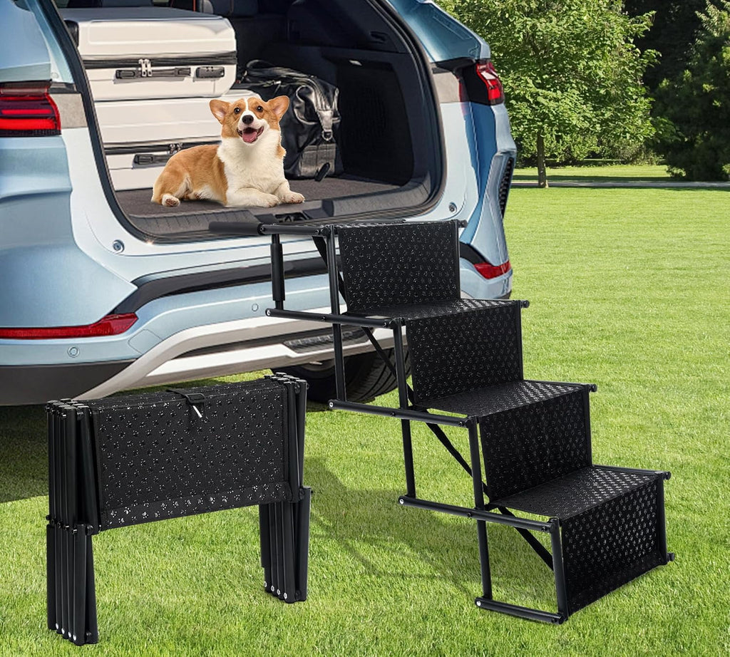Dog Stairs for Car, Foldable Dog Ramps for Large Dogs with Non Slip Surface, Portable Dog Steps for Cars and SUV, Truck, Support up to 150 Lbs (4 Steps)