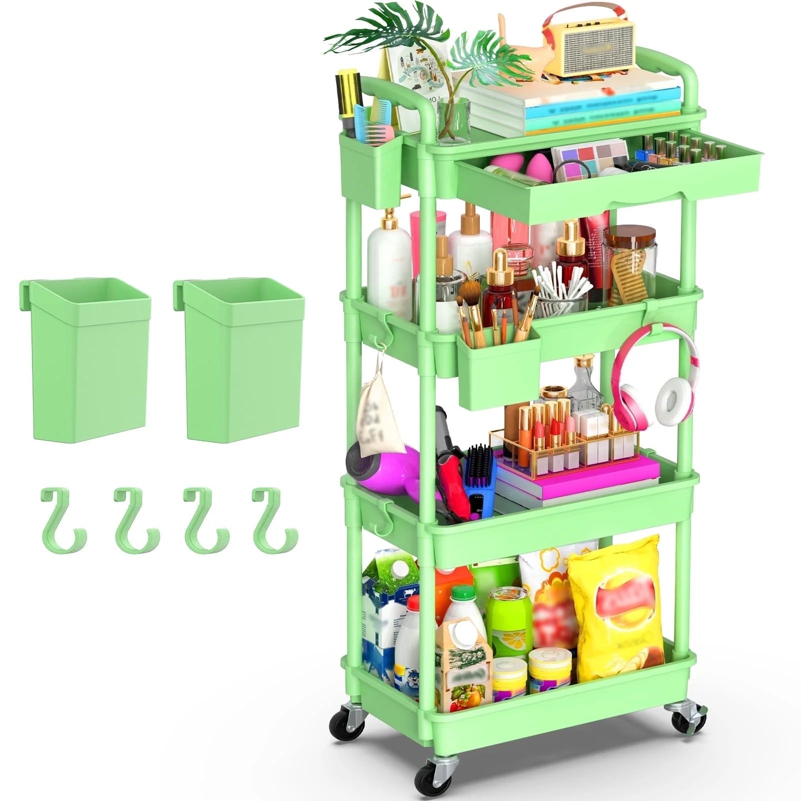 Yeabett 4 Tier Rolling Utility Cart Organizer with Removable Drawer, Mobile Storage Carts with 2 Lockable Wheels for Bathroom, Kitchen, Snack, Craft, Makeup, Baby Essentials，Purple