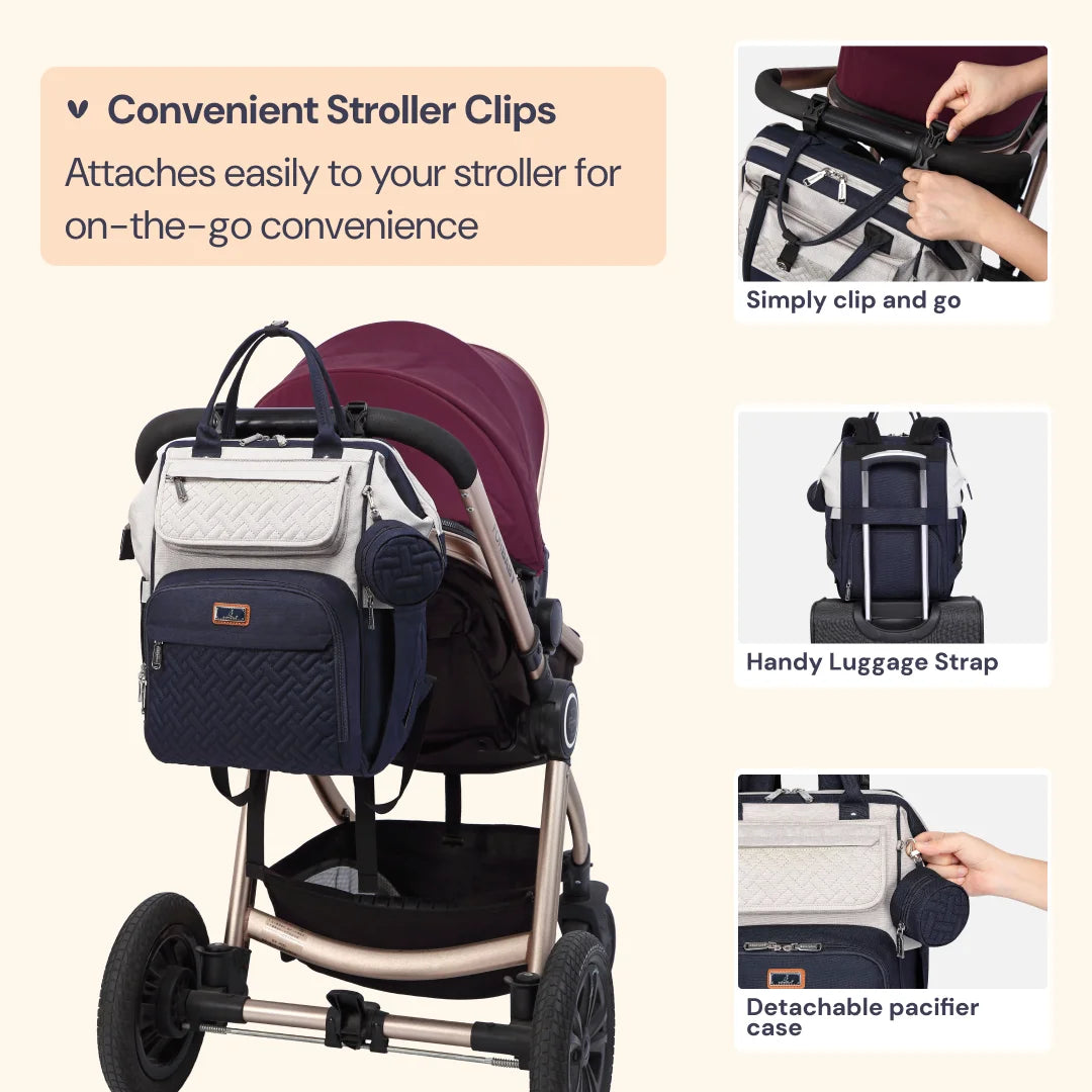 Babbleroo Wide Top Diaper Bag Backpack- Stone Gray & Blue
