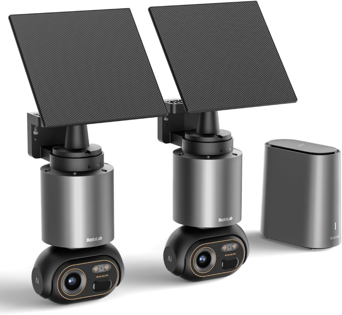 BOTSLAB Security Cameras Wireless Outdoor, 2 Cam-Kit, 4K Color Night Vision, Solar Cameras for Home Security with 360° Pt,No Monthly Fee,32Gb Local Storage Base Station,Auto Tracking,Easy Installation
