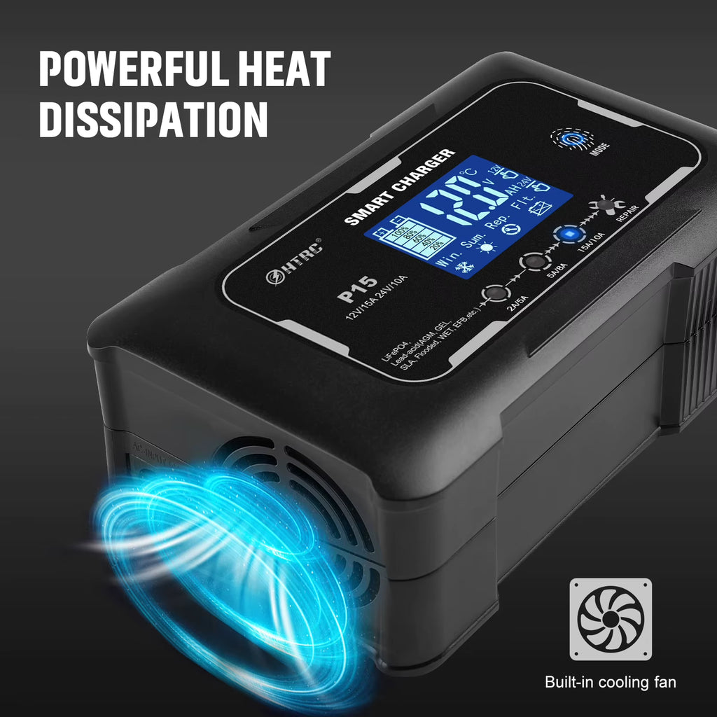 HTRC 12V/24V Car Battery Charger 15A Automatic Charger for Lithium Lifepo4 AGM GEL Lead-Acid Battery Charger for Car