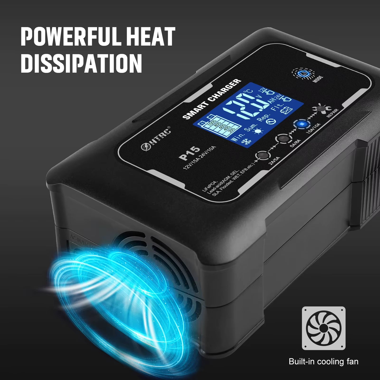 HTRC 12V/24V Car Battery Charger 15A Automatic Charger for Lithium Lifepo4 AGM GEL Lead-Acid Battery Charger for Car