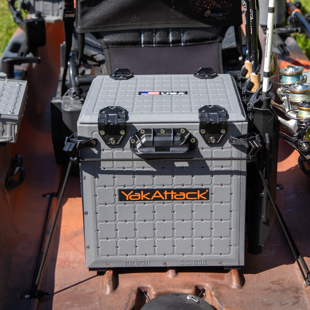 Yakattack Blackpak Pro Fishing Crate - 13" x 13" with 3 Rod Holders, Battleship Grey | Ultimate Kayak Gear Organizer & Tackle Storage Solution, Lightweight & Durable