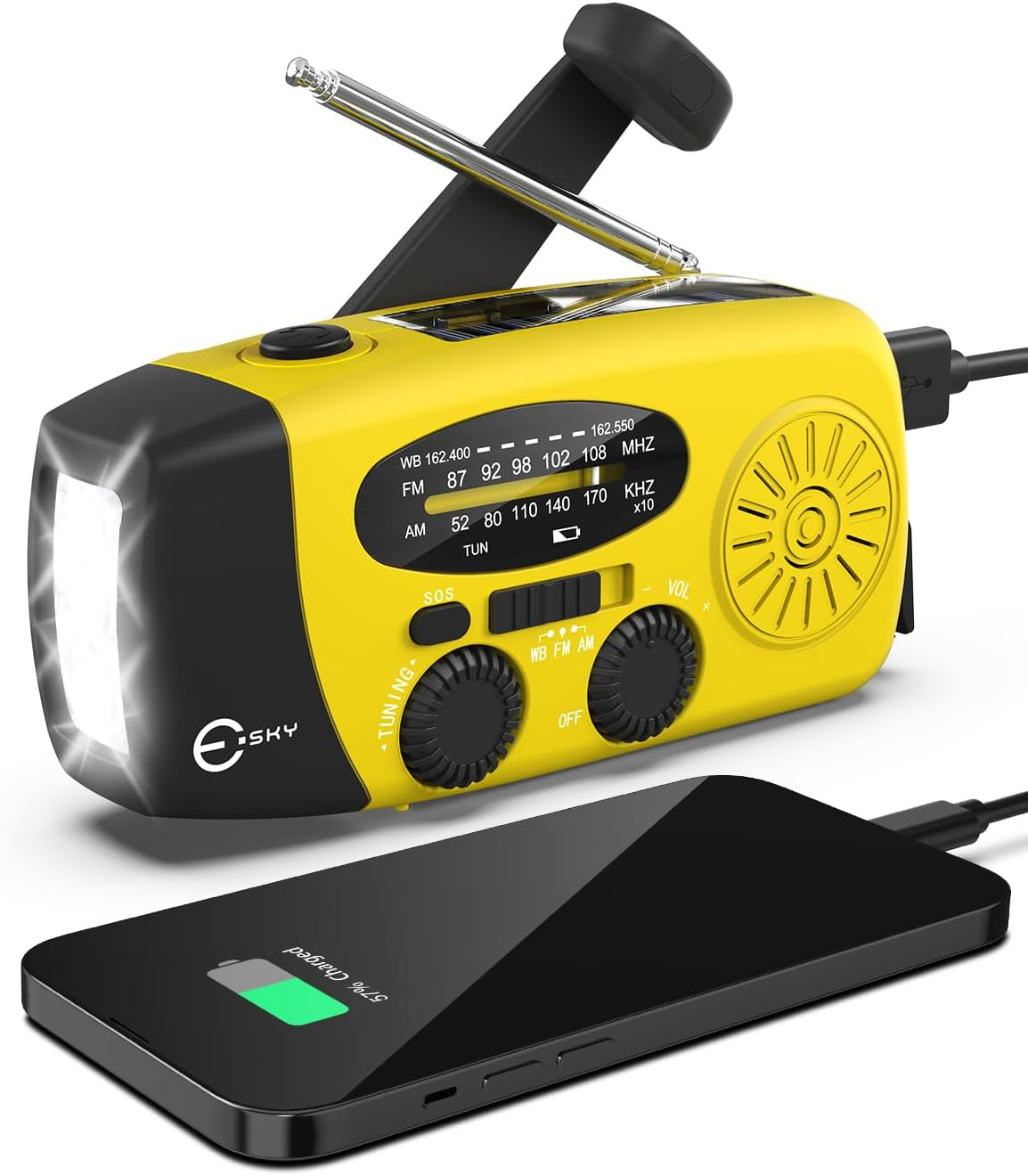 Esky Emergency Hand Crank Radio 7400Mwh with 3 LED Flashlight, AM/FM/NOAA Portable Weather Radio with Built-In 2000Mah Battery, Solar Powered Radio for Indoor Outdoor Survival Camping, SOS Alarm