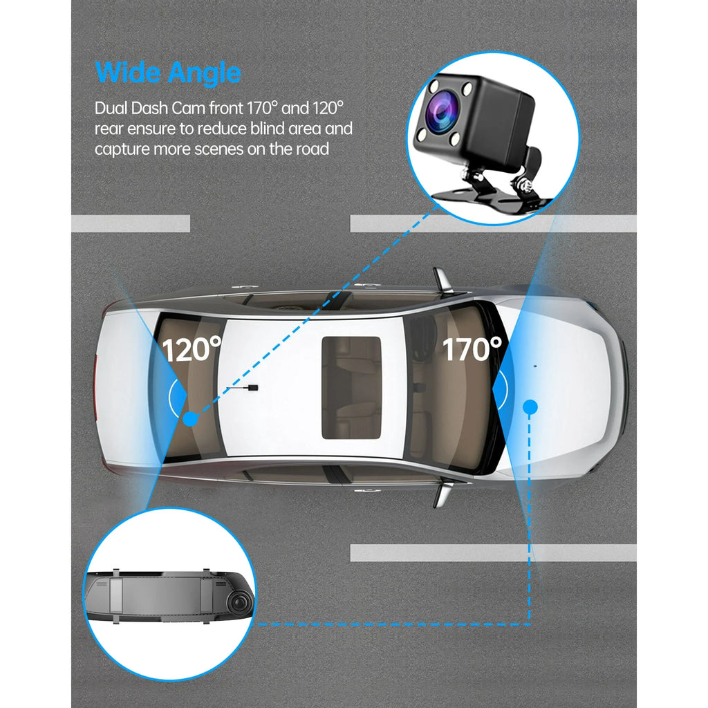 TOGUARD 4.3" Mirror Dash Cam 720P Dual Front and Rear with Touchscreen, 170° Wide Angle, Night Vision, G-Sensor, Loop Recording, 32.8Ft Cable for Suv/Truck