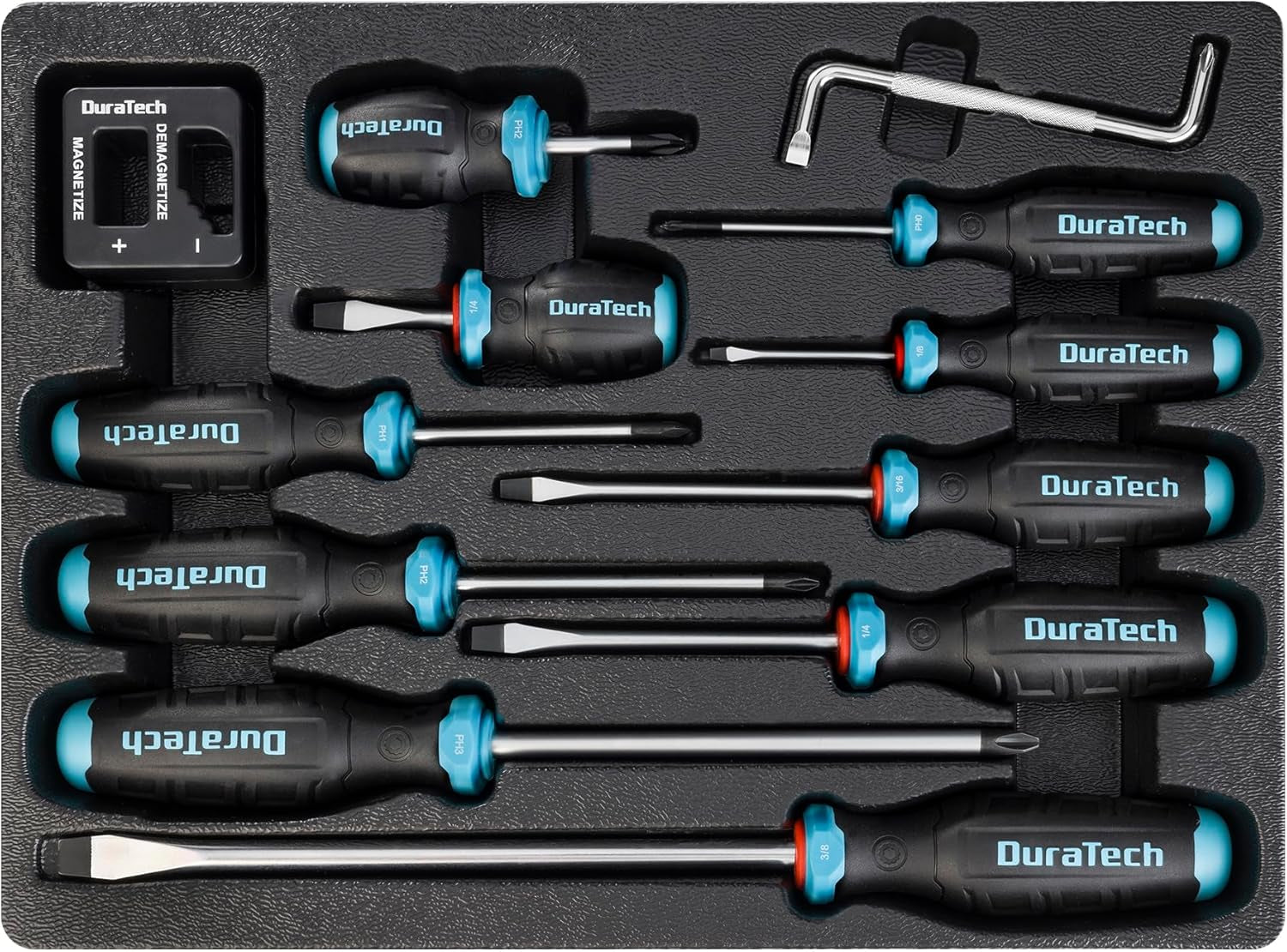DURATECH 12-Piece Magnetic Screwdriver Set, 5 Phillips and 5 Slotted Tip S2 Alloy Steel Screwdriver Set, 1 Pc Magnetizer Demagnetizer, 1 Pc CR-V Offset Screwdriver, Storage Tray Included