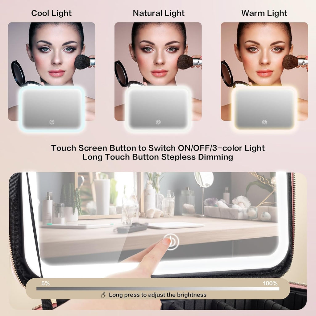 Large Capacity Makeup Bag with LED Mirror - Adjustable Brightness, Travel Organizer with Detachable Dividers & Shoulder Strap