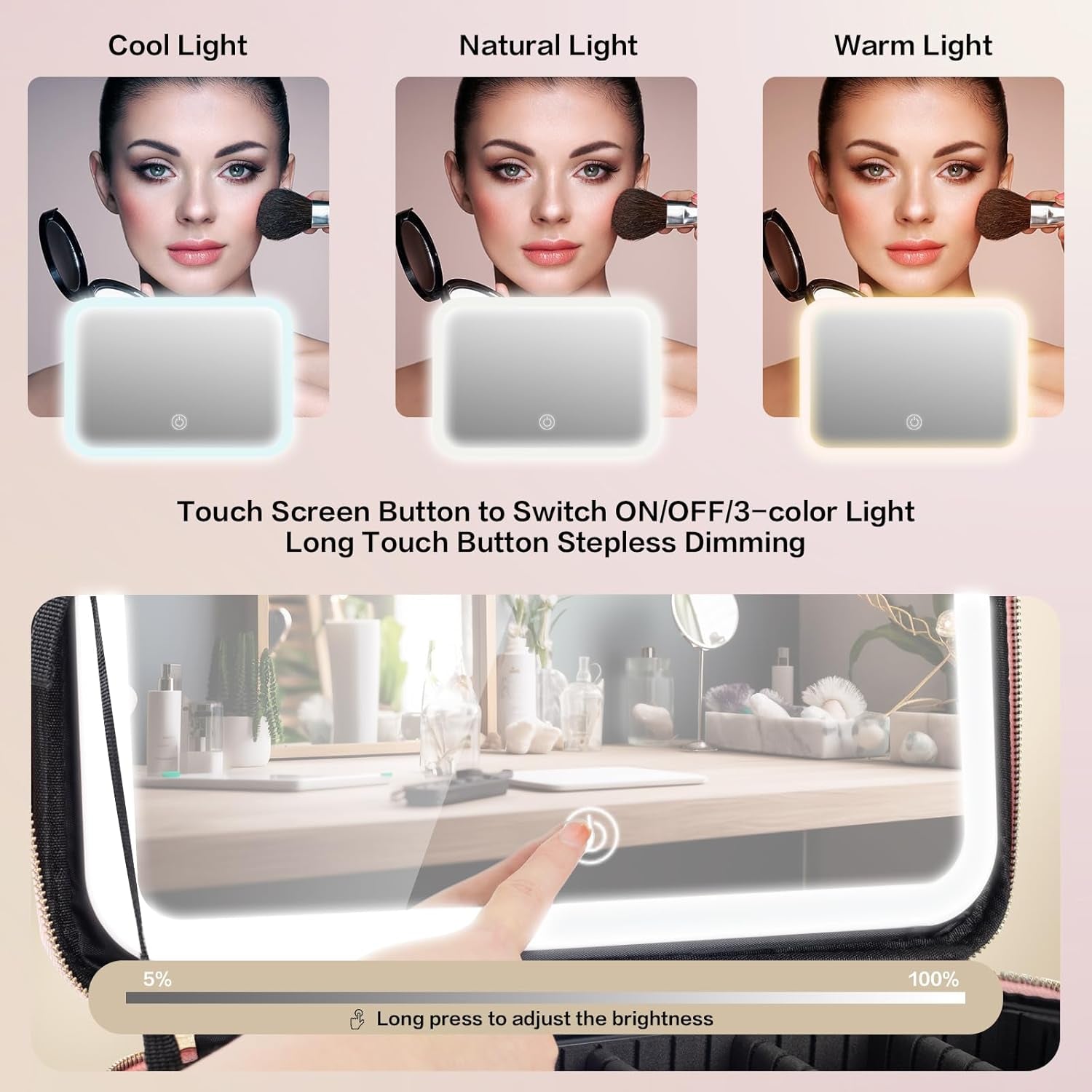 Large Capacity Makeup Bag with LED Mirror - Adjustable Brightness, Travel Organizer with Detachable Dividers & Shoulder Strap