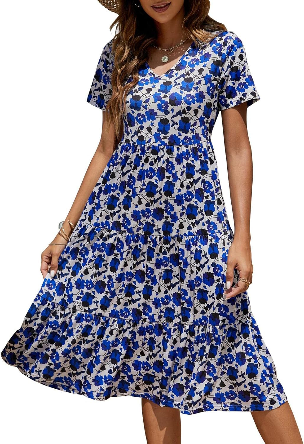 Berydress Women'S Casual Summer Tiered Midi Dress 2025 Short Sleeve V-Neck Loose Cotton Ruffle Babydoll Dress Boho Sundress