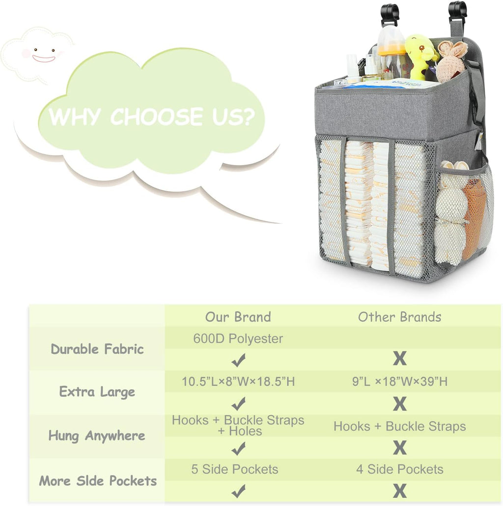 Maliton Changing Table Diaper Organizer - Baby Hanging Diaper Stacker Nursery Caddy Organizer for Cribs Playard Baby Essentials Storage (Gray)