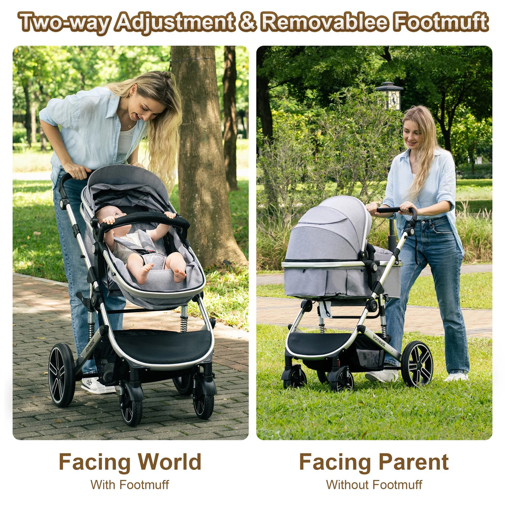 Vomeast Baby Stroller, Foldable Aluminum Alloy Stroller with Reversible, Travel Stroller for Newborn Infant, Grey