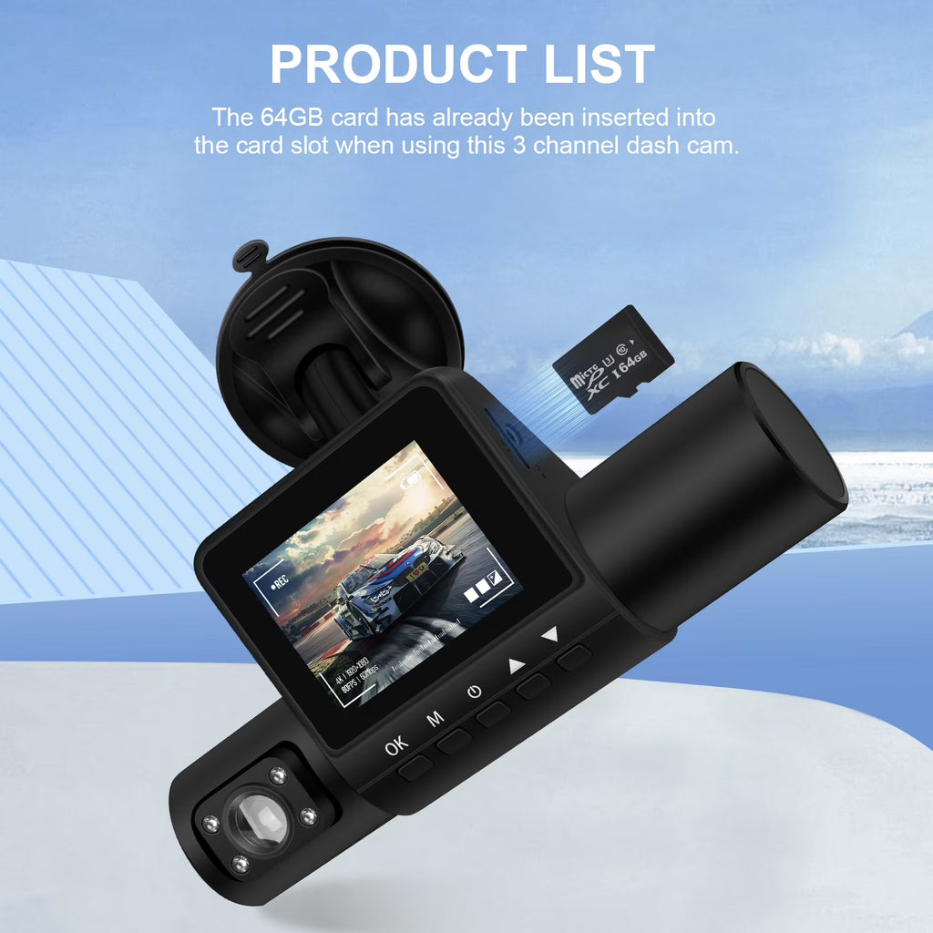 AILKIN 4 Channel Dash Cam Front and Rear,Left,Right,Full HD 1080P Dash Cam Front and Rear inside Loop Recording Dash Camera for Cars with Night Vision,Free 64GB Card