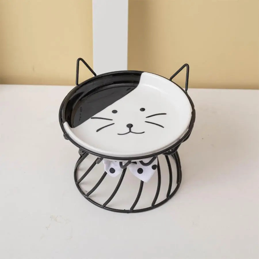 Ceramic Pet Feeding Bowl with Stand - Cute Cat Pattern, Suitable for Dogs and Cats, 1 Count