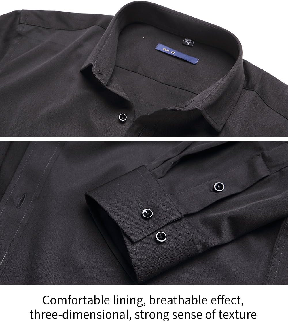 FLY HAWK Mens Fiber Casual Button up Slim Fit Collared Formal Shirts, Black Button down Shirt