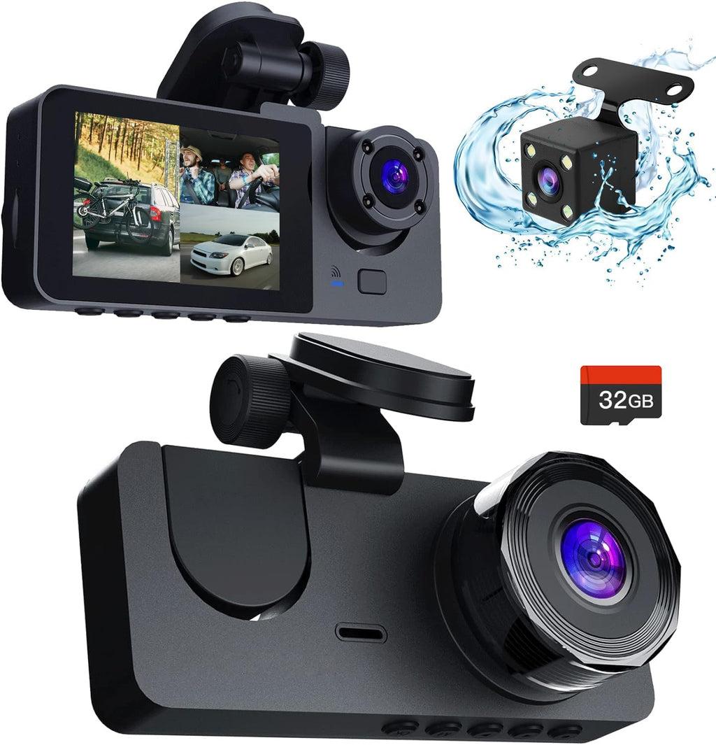 Dash Cam Front and Rear, 4K Dash Camera for Cars, Triple Car Camera with IR Night Vision,170° Wide Angle,Wdr, HDR, 24H Parking& Loop Recording,G-Sensor,32Gb Card Included
