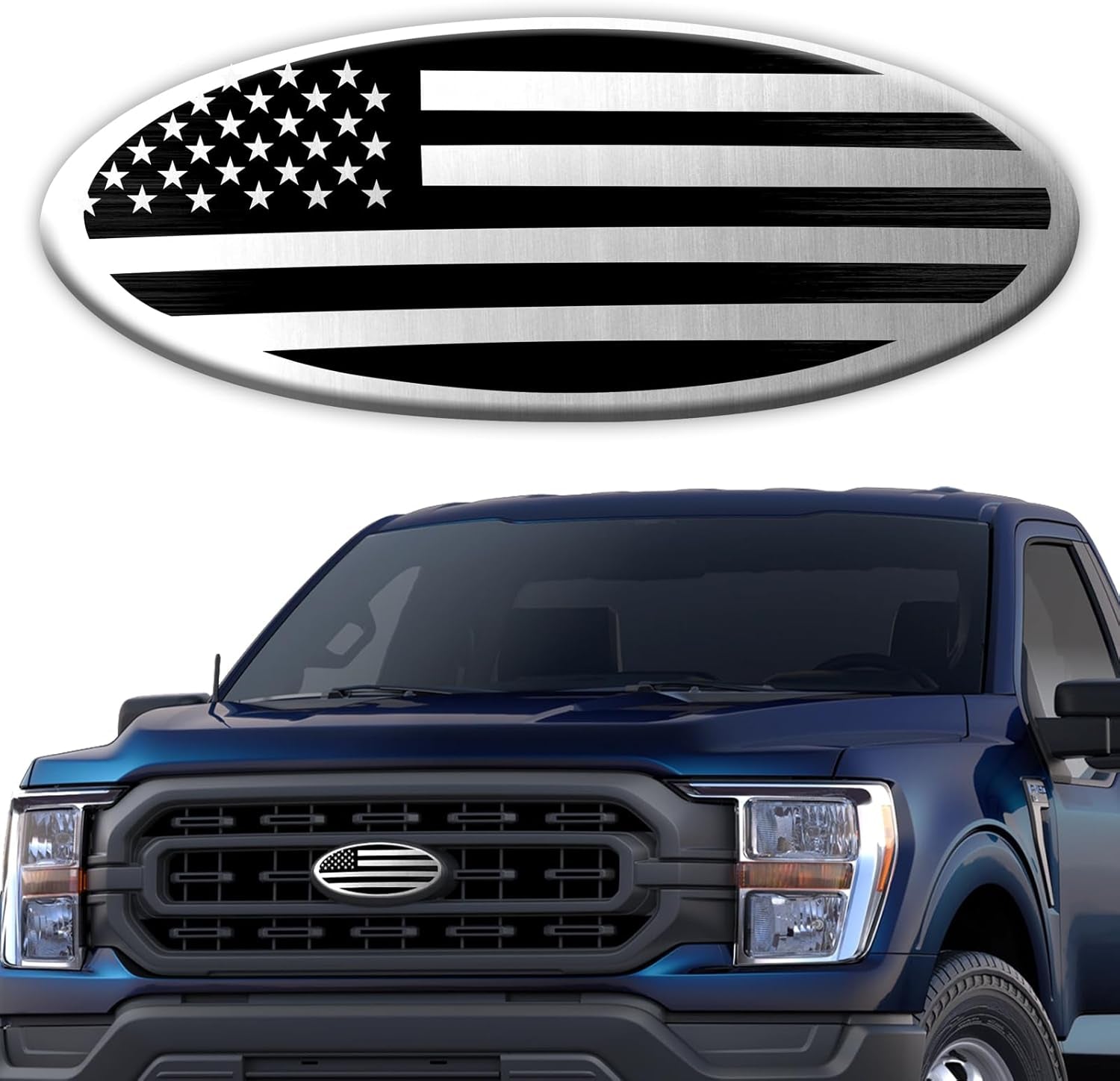Premium Silver American Flag Tailgate Emblem for Ford F150 F250 F350 - 9 Inch Aluminum Oval Overlay Badge for Front Grill & Rear Tailgate