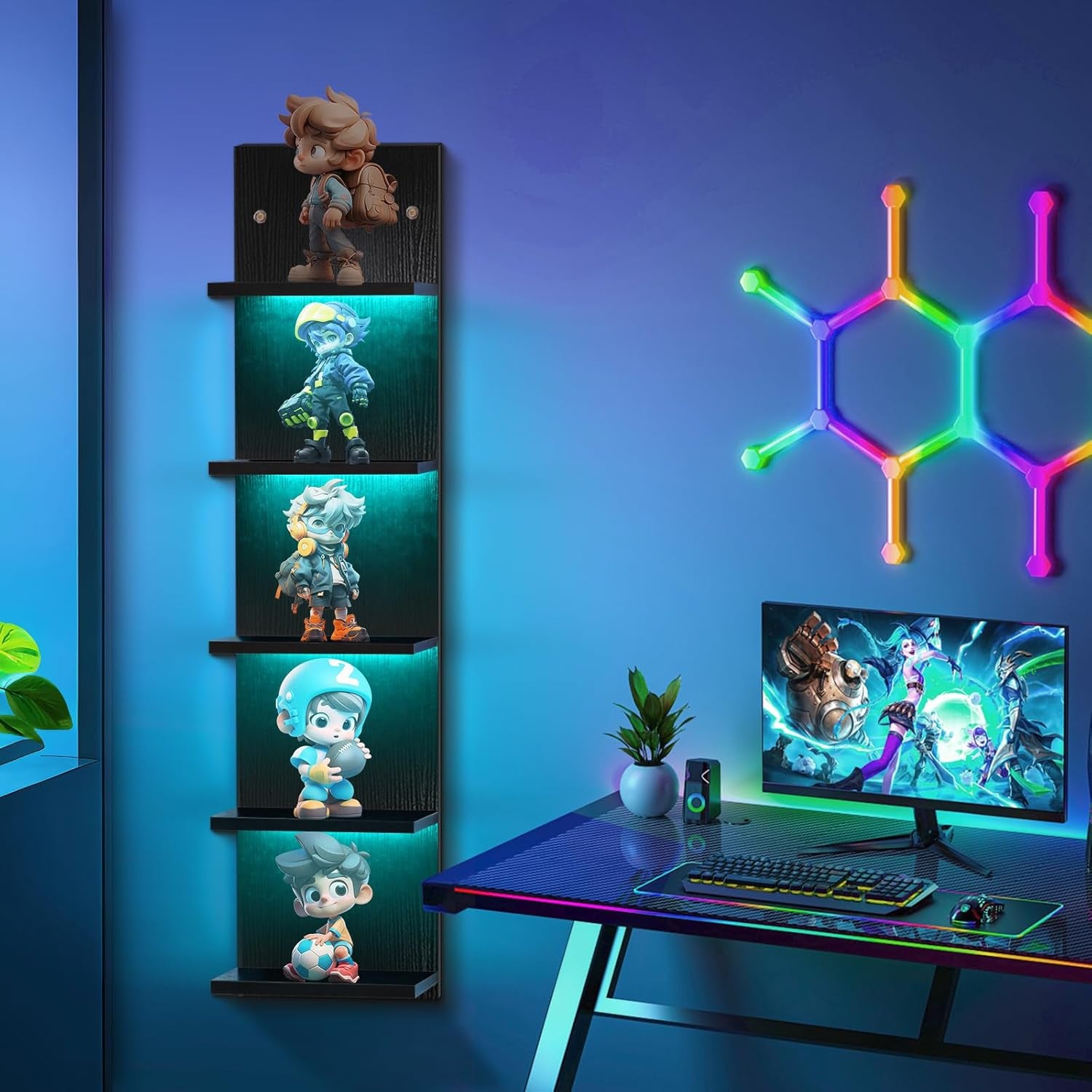 5-Tier Black Floating Wall Shelf with RGB LED Lighting for Bedroom Decor