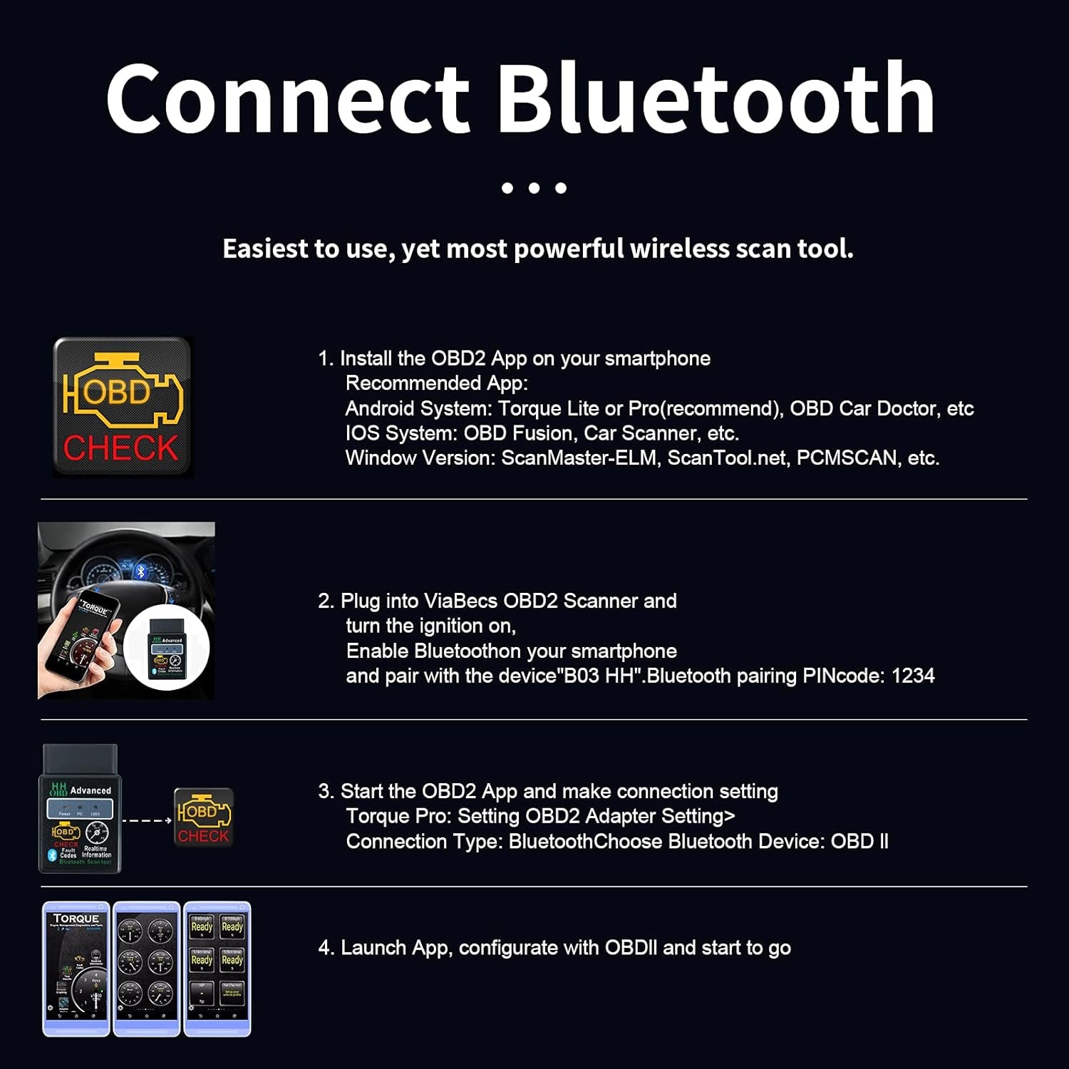 OBD2 Bluetooth Wireless Diagnostic Code Reader OBD II Scan Tool Reset & Clear Check Car Engine Light,Bluetooth Scanner Read, Compatible with Ios& Android & Windows