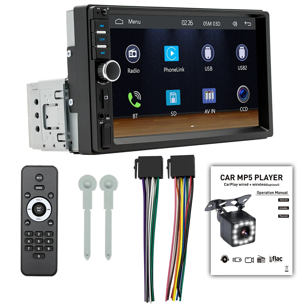 BQCC 7" 2Din/1 Din MP5 Car Player Mirrorlink Wired Android Auto/Carplay BT AUX Colorful Lights FM Car Radio F7018C