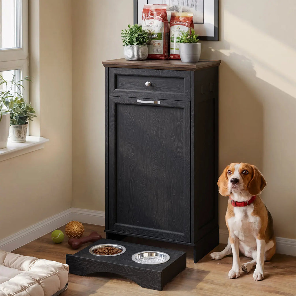 Elevated Dog Feeding Station with Tilt-Out Food Cabinet and Drawer for Pet Feeding and Kitchen Storage