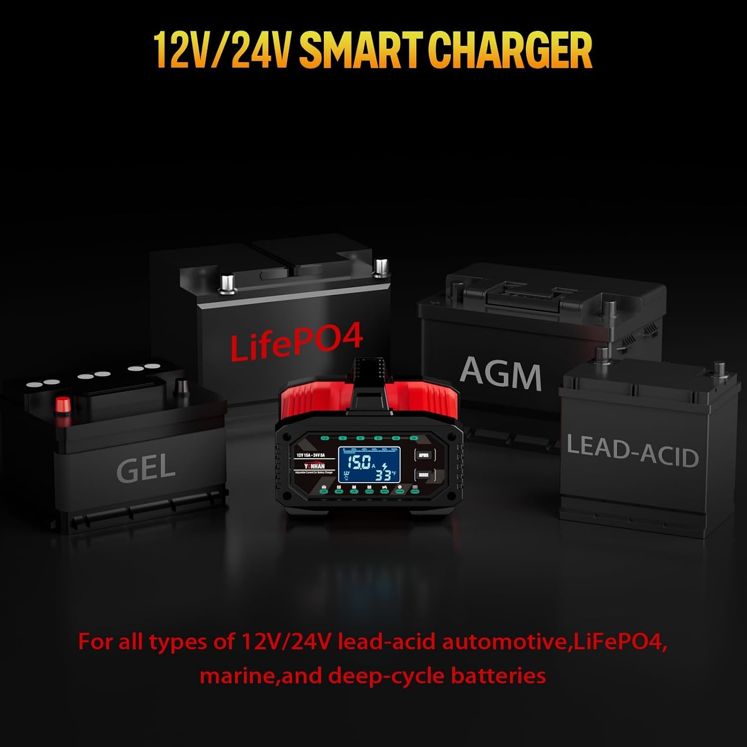 YONHAN Battery Charger 0-15A 12V/24V Adjustable Current Lifepo4 Car Battery Charger, Battery Maintainer Automatic Trickle Charger, Battery Desulfator W/Temp Compensation