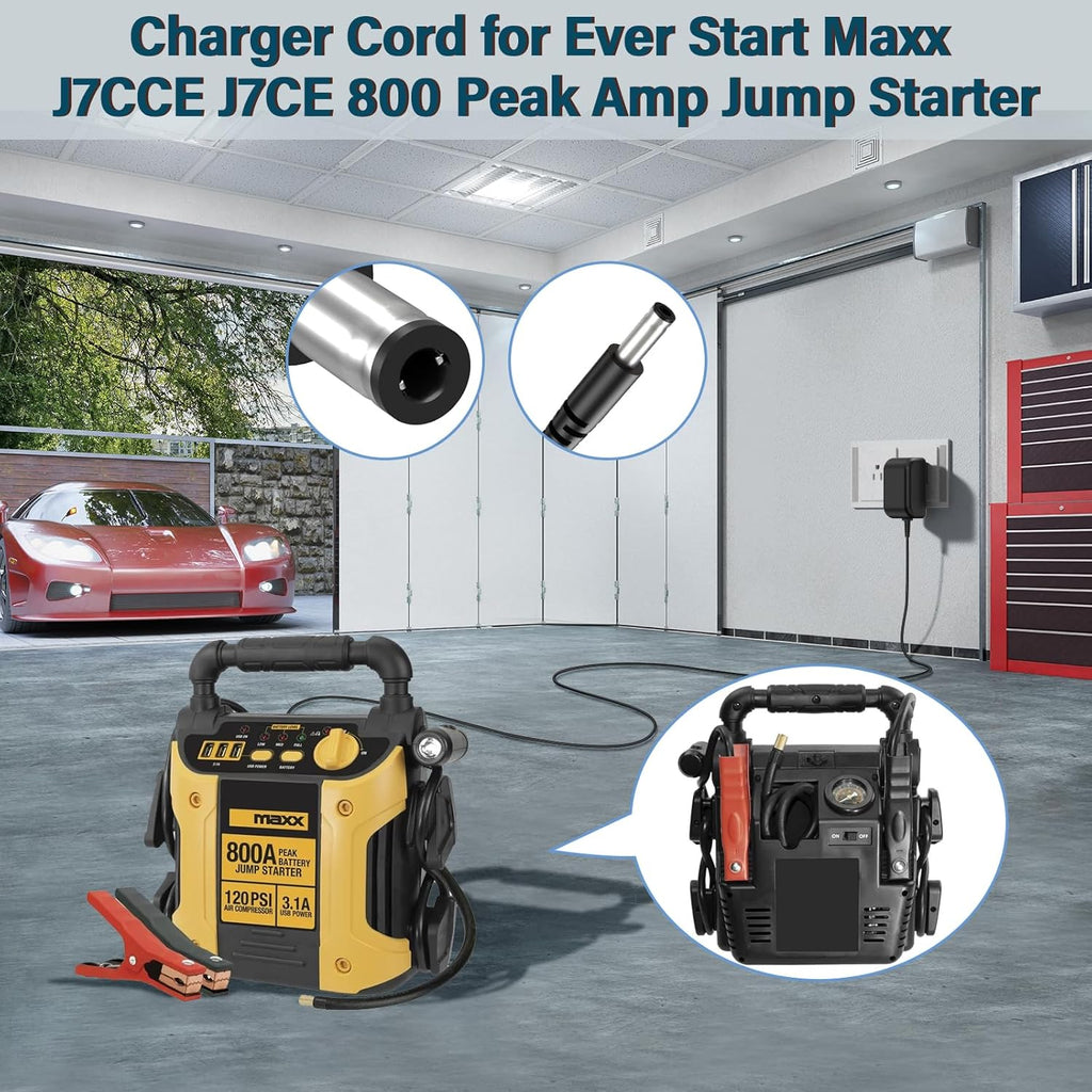 12V Jump Starter Charger for Everstart Maxx Car Camo Jump Starter, Power Cord AC Adapter for Ever Start Max J7CCE J7CE 800A 800 Peak Amp Car Camo Starter Battery with 120 PSI Compressor 3 USB Ports