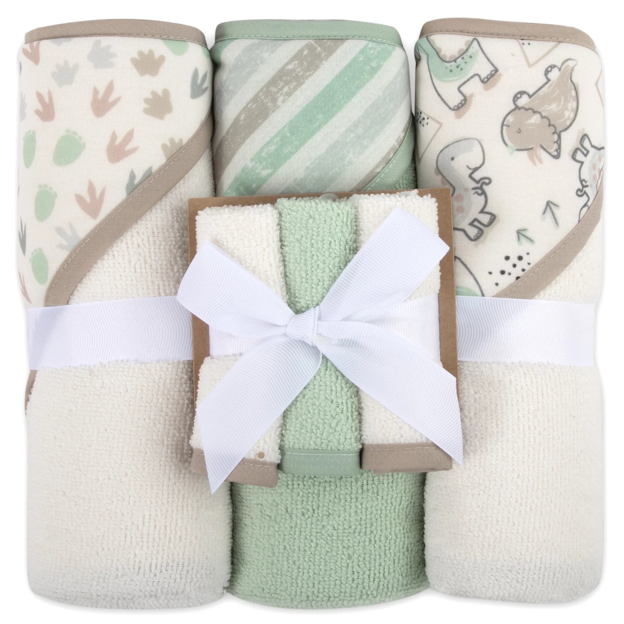 Baby Essentials 6 Piece Hooded Bath Towel Washcloth Set for Infant, Newborns, Toddlers 3 – 24 Months for Bath Time, Showers, Lounge, Beach, Pool in Dinosaurs & Stripes