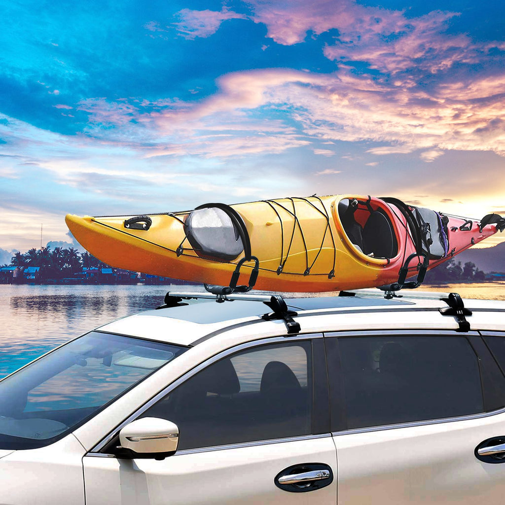 1 Pair Universal J-Bar Kayak Carrier 220LBS Load Heavy Duty Canoe Car Top Mount Carrier Roof Rack with 2Pcs Tie down Straps