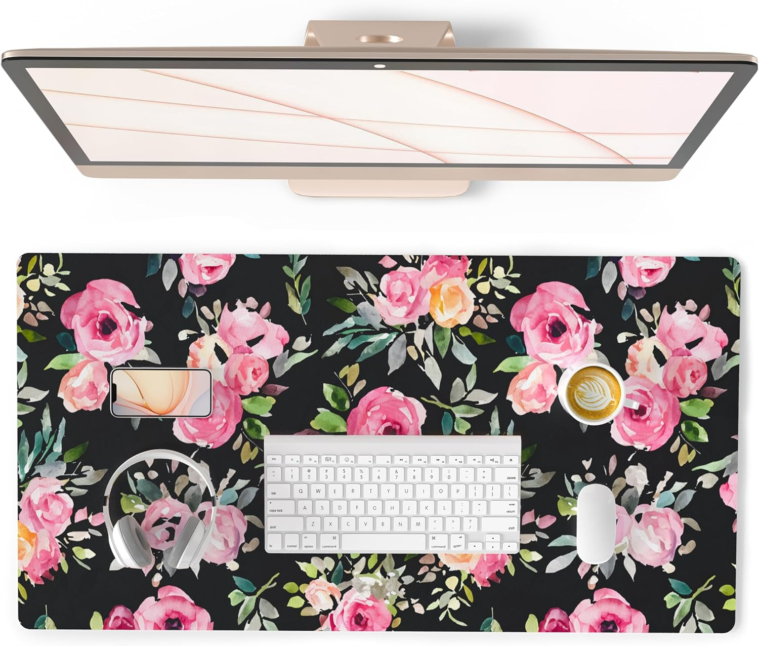 QIYI White Mouse Pad, Cute Marble Large Desk Mat, PU Leather Desk Protector Mousepad, Gold Grey Striped Waterproof Computer Keyboard Gaming Mouse Pads, Non Slip Extended Writing Pad 31.5" X 15.7"