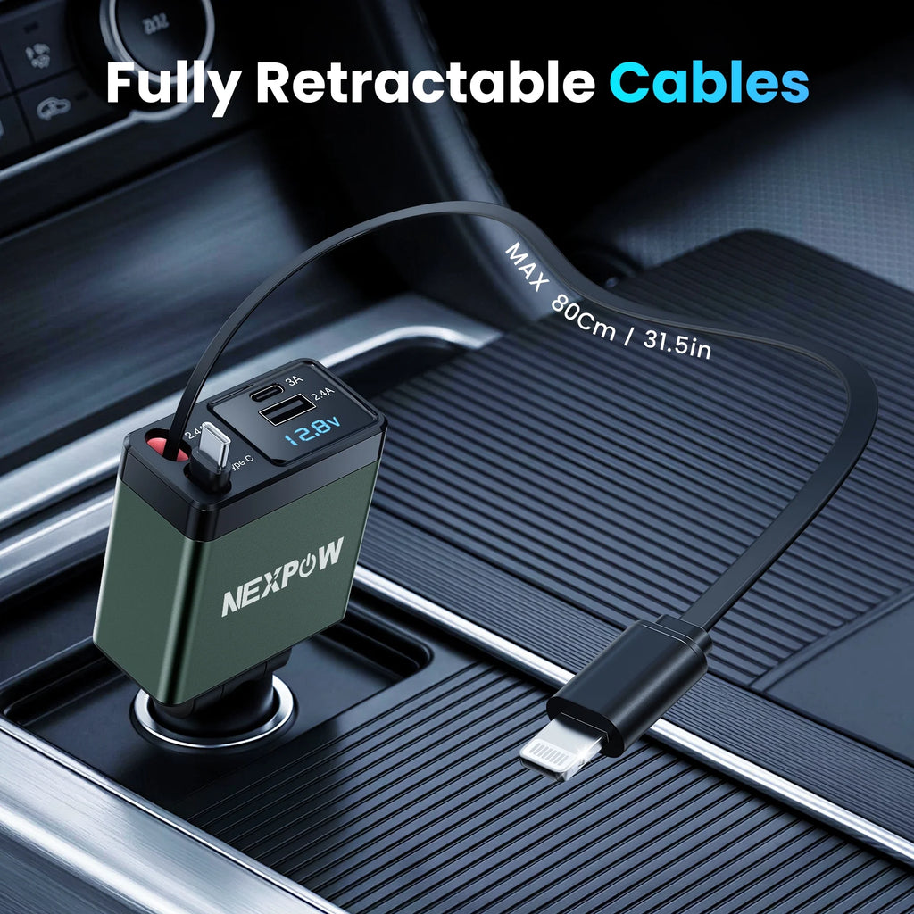 NEXPOW Retractable Car Charger Adapter, 150W Fast Charger for Car, 4 in 1 Car Phone Charger with Cables(2.6Ft), 180° Adjustable,Voltage Display-Green