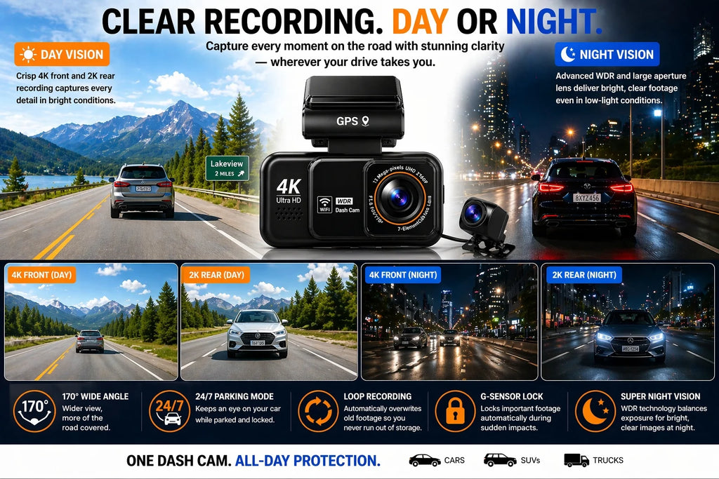 4K Dash Cam Front & 2K Rear, Wifi GPS, Night Vision, Parking Mode, Loop Recording, Memory Card Included