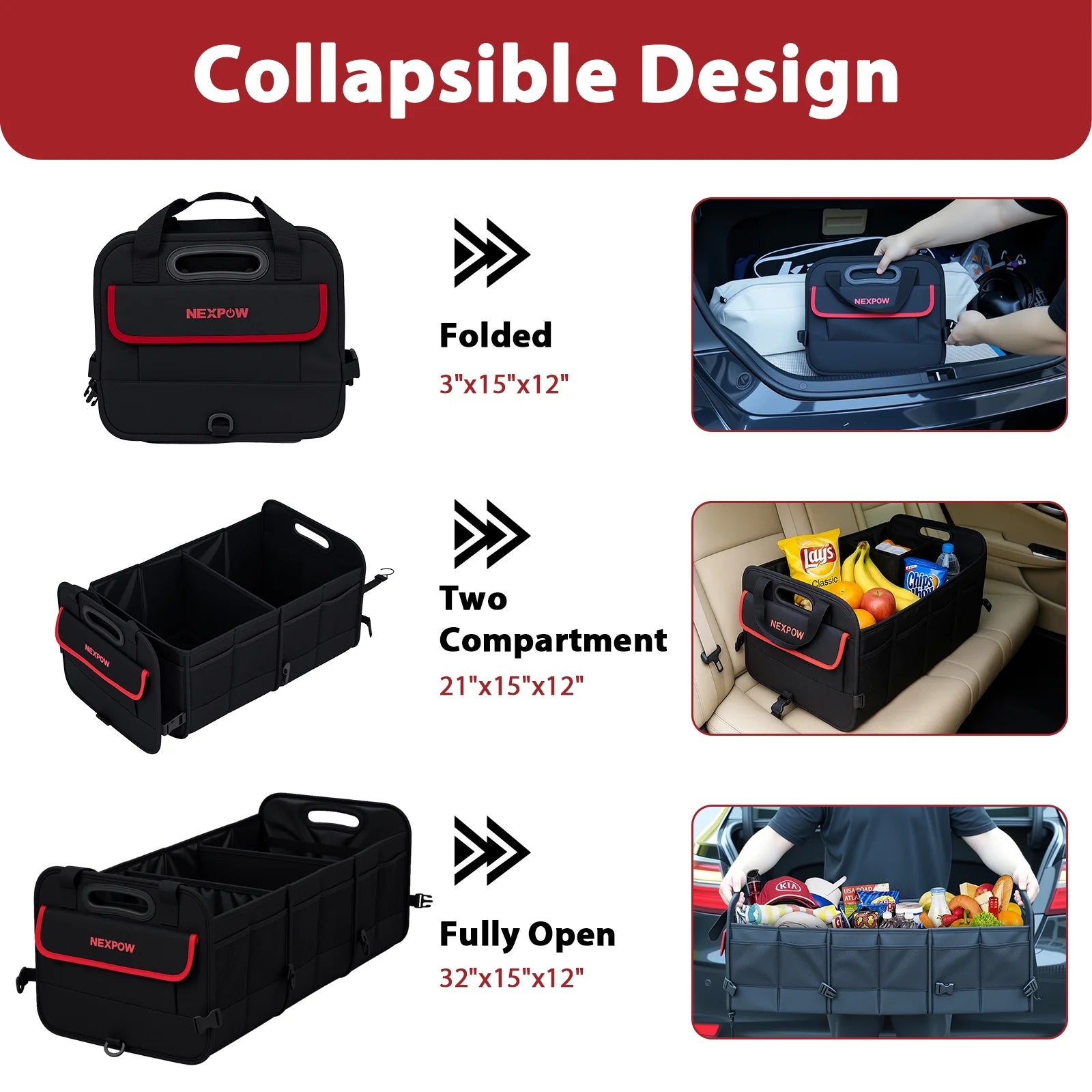 Car Trunk Organizer, 95L Collapsible SUV Organizer, Multi-Compartment, Car Storage Box with 2 Adjustable Straps for Women Men