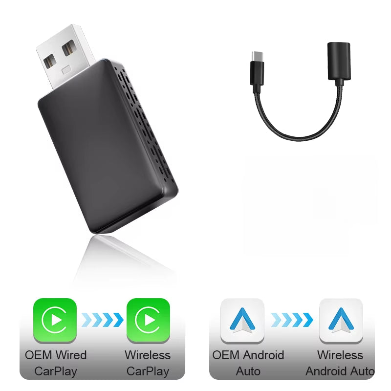 2-In-1 New Wireless Carplay Adapter Wired to Wireless Dongle for Apple & Android Auto Plug and Play Universal Car Accessory