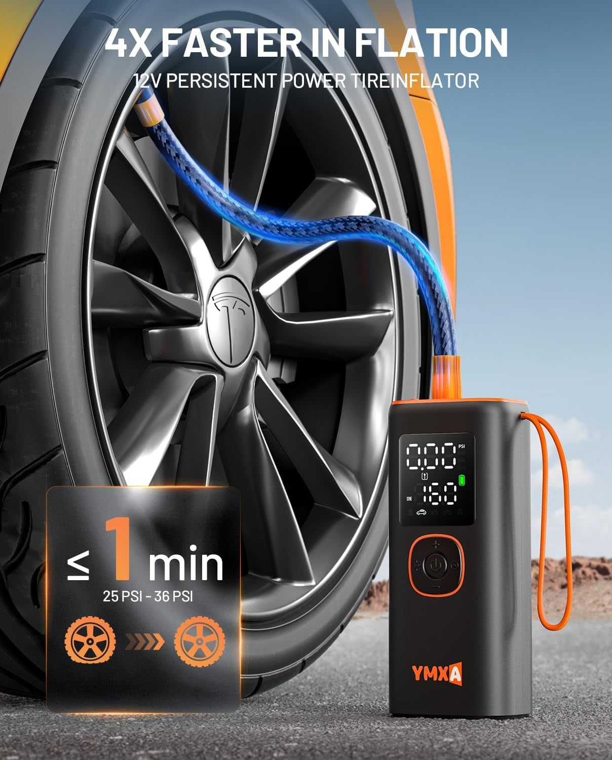 Portable Tire Inflator for Car - 5X Faster 160 PSI, DC 12V Air Pump for Car Tires, Portable Air Compressor with Large Dual Digital Screen, Tire Air Pump for with Light Truck, Motorcycle, Bike