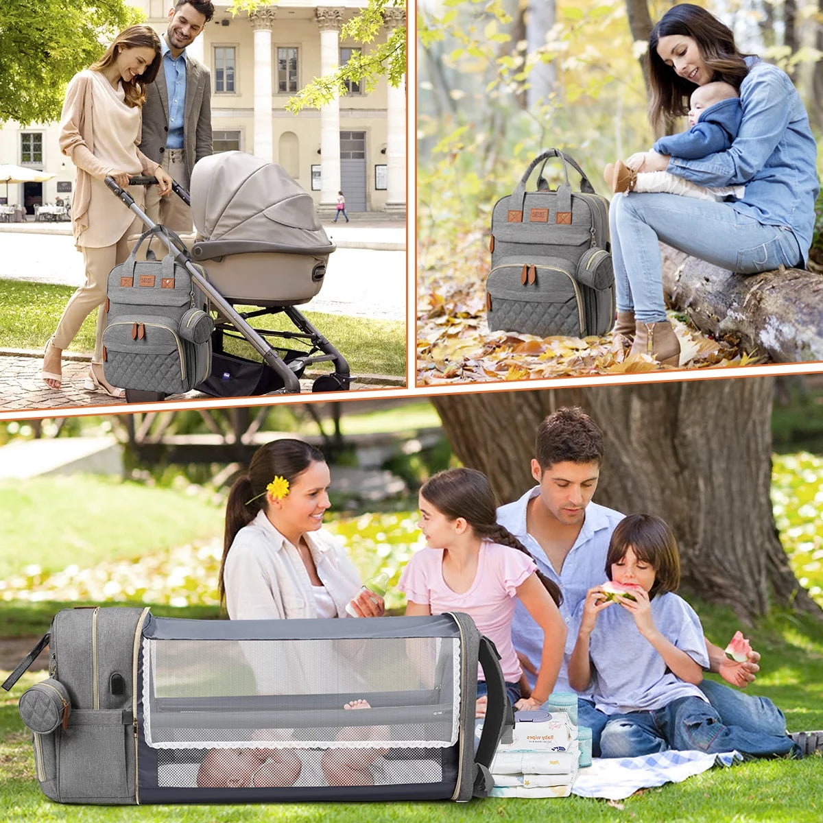 Diaper Bag Backpack, Multifunction Diaper Bag Backpack with Changing Station, USB Charging Port & Foldable Crib, Large Capacity Travel Backpack W/Sunshade&Pacifier Case&Stroller Straps(Grey)
