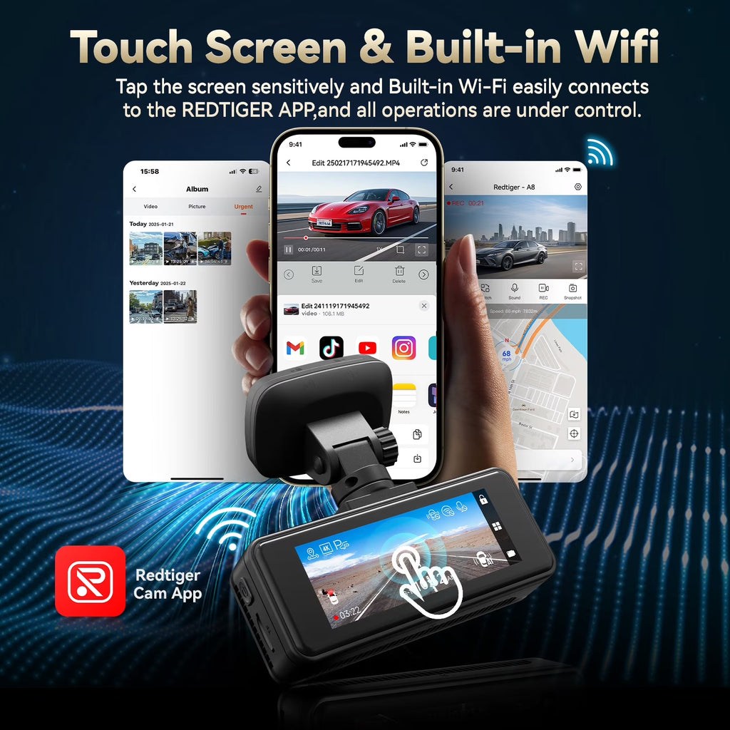 REDTIGER A8 Dash Cam Front and Rear, 4K Car Dash Camera with AI Driver Assistance, Built-In GPS, 3.18" IPS Touch Screen, Night Vision, 24H Parking Monitor, G-Sensor, Includes 64GB Card