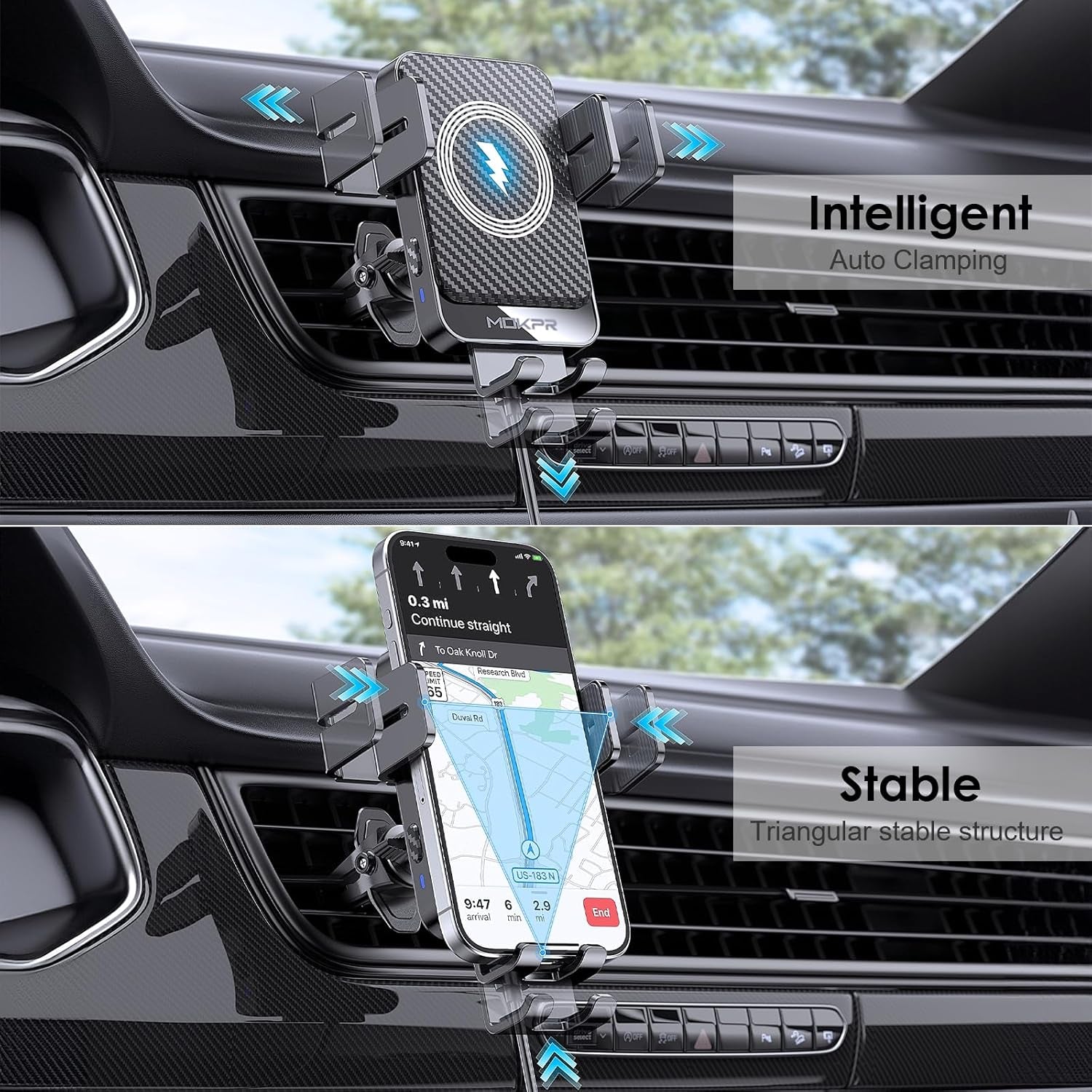 Wireless Car Charger, MOKPR 15W Fast Charging Auto-Clamping Car Charger Phone Mount Air Vent Cell Phone Holder Compatible Iphone 16/15/14/13/13 Pro/12 Pro/12/11, Samsung Galaxy S23/S22/S21/S20, Etc