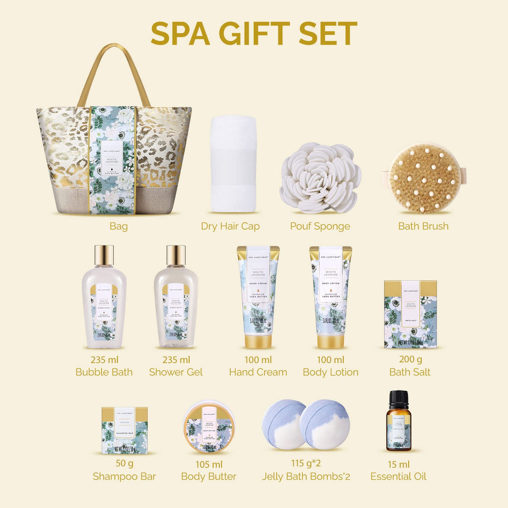 Indulge in Luxury: Spa Luxetique 15-Piece White Jasmine Gift Basket - Perfect Relaxation Kit for Women - Ideal Birthday, Mother's Day, and Special Occasion Gift for Mom, Sister, Wife, or Grandma