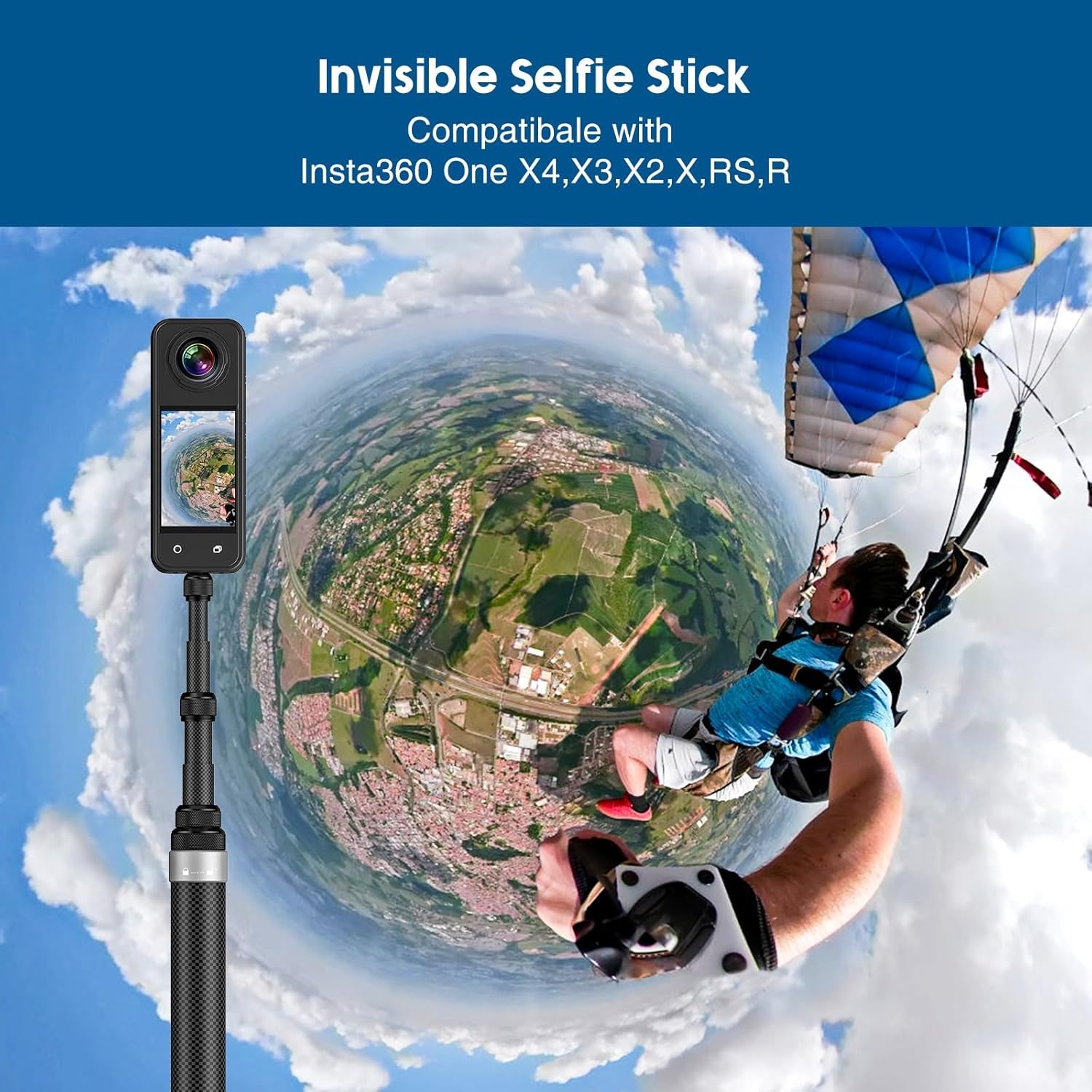 118"/3.0M Invisible Selfie Stick Carbon Fiber, 9.8Ft Extended Super Long Pole Compatible with Insta360 X5 X4 X3 ONE X2, ONE R, ONE X, ONE GO 3S 3 2 Action 360 Camera (17 to 118")