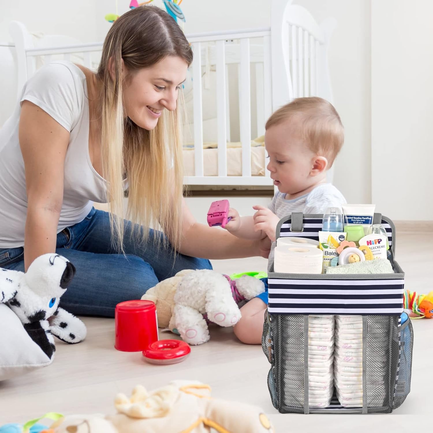 Hanging Diaper Caddy Organizer | Diaper Holder and Crib Organizer| Diaper Stacker for Changing Table, Crib, Wall & Bassinet