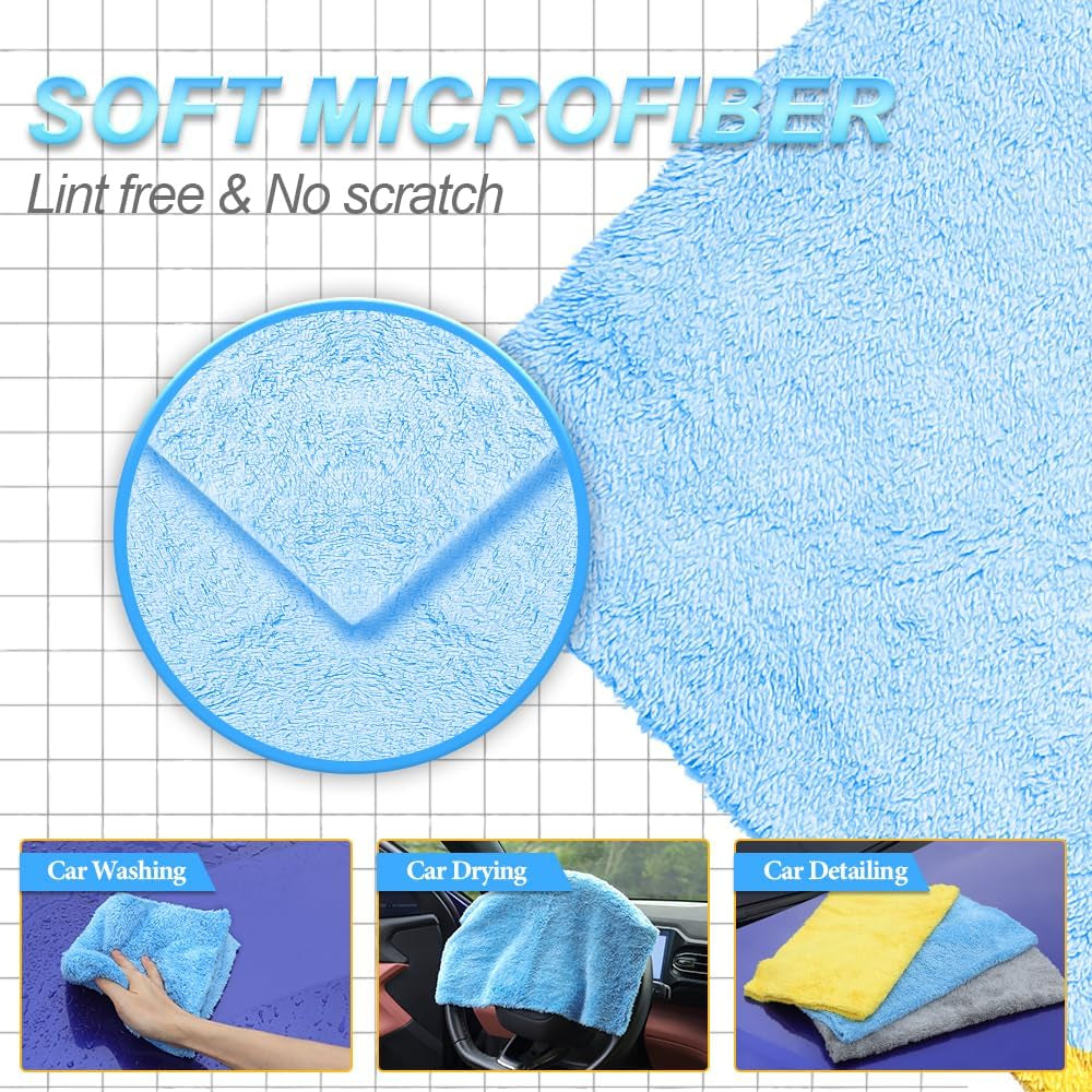 Ultra-Soft Microfiber Car Wash Drying Towels - 450GSM Lint-Free, Extra Absorbent Coral Fleece Cloths for Detailing - 16" x 16", 12 Pack, Blue