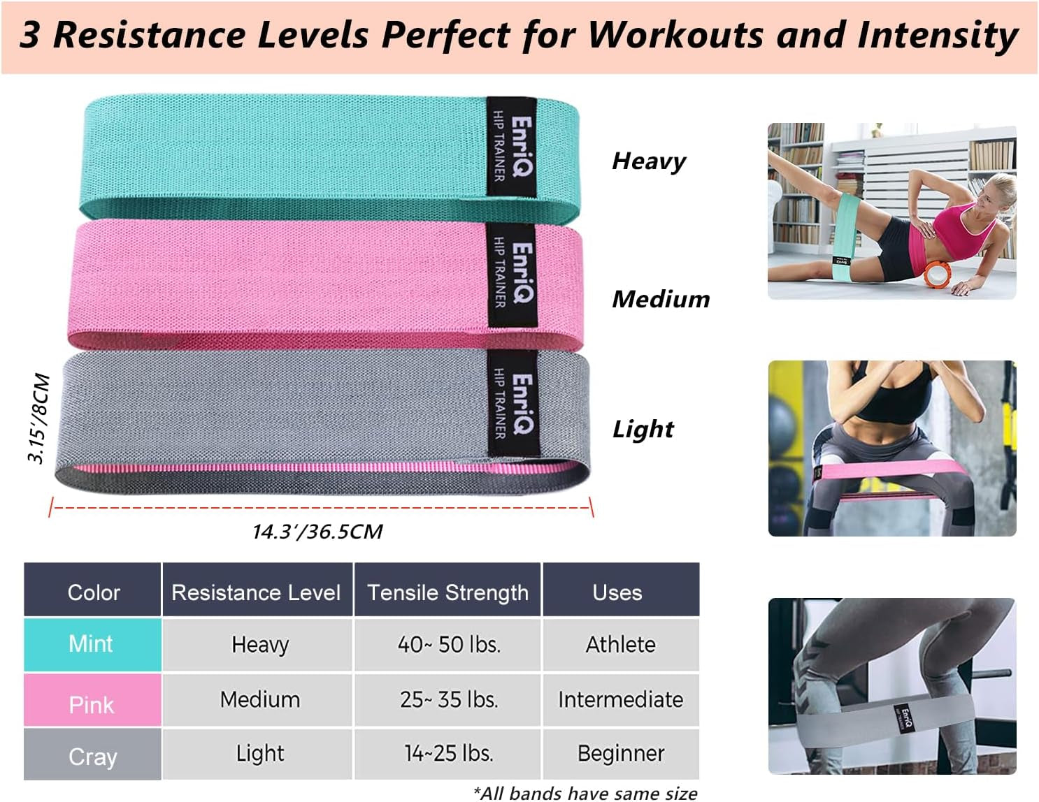 Premium Enriq Booty Bands - Non-Slip Fabric Resistance Bands for Legs and Glutes - Activate Your Thighs and Butt with Elastic Workout Bands
