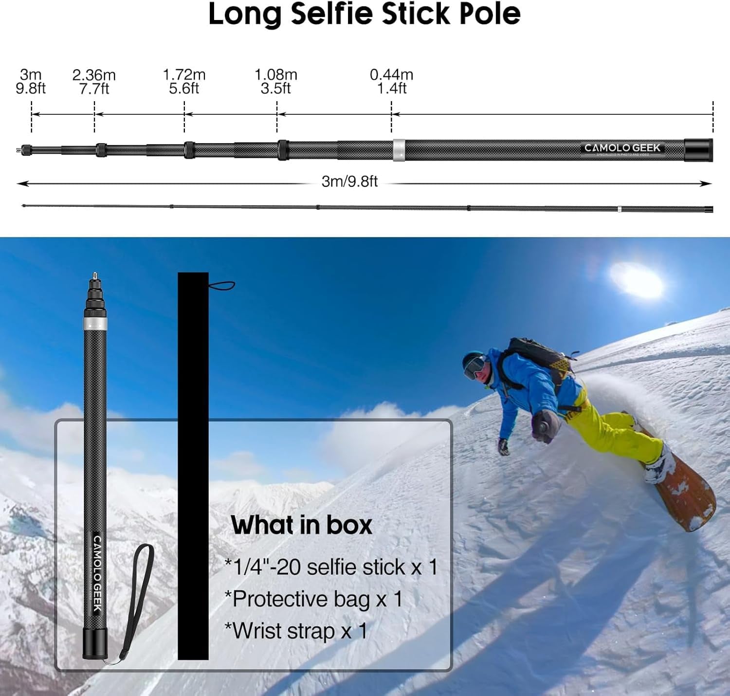 118"/3.0M Invisible Selfie Stick Carbon Fiber, 9.8Ft Extended Super Long Pole Compatible with Insta360 X5 X4 X3 ONE X2, ONE R, ONE X, ONE GO 3S 3 2 Action 360 Camera (17 to 118")