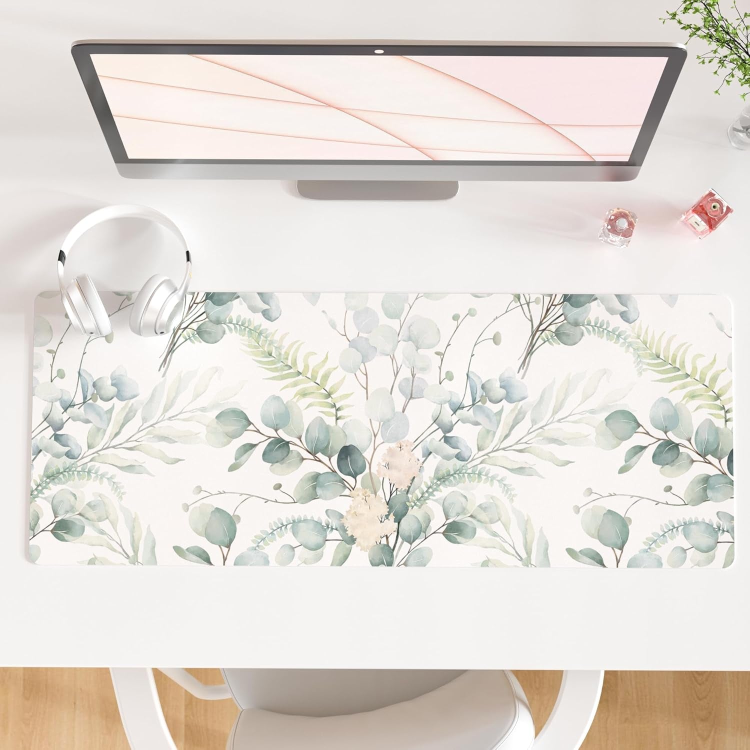 QIYI White Mouse Pad, Cute Marble Large Desk Mat, PU Leather Desk Protector Mousepad, Gold Grey Striped Waterproof Computer Keyboard Gaming Mouse Pads, Non Slip Extended Writing Pad 31.5" X 15.7"