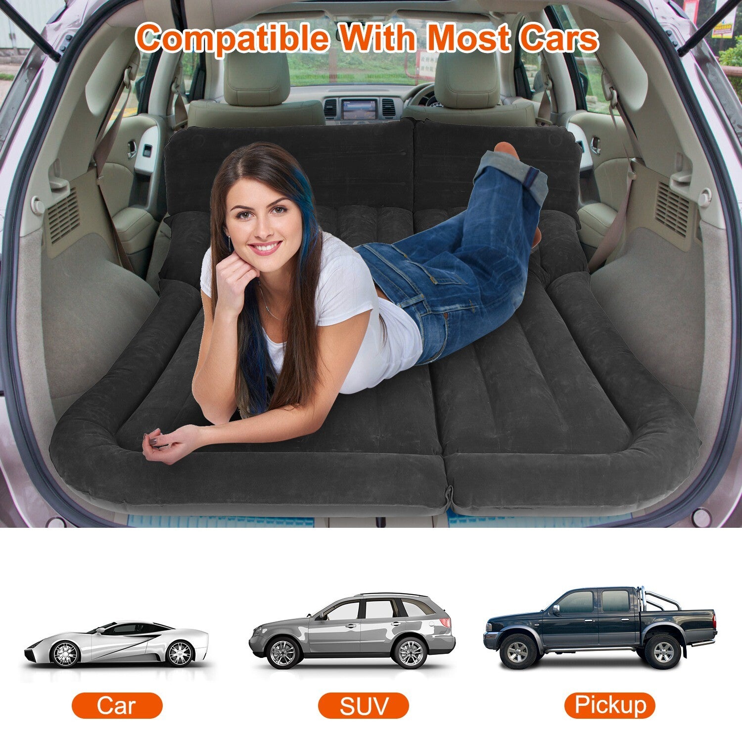 Inflatable Travel Car Mattress with Air Bed for Back Seat Comfort, Includes Two Pillows and Pump