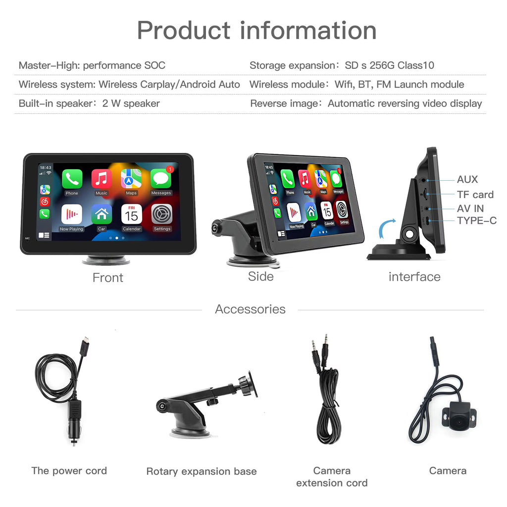 Carabc D7 Pro Portable Wireless Car Stereo with 7" Touchscreen, Carplay, Android Auto, Rear Camera